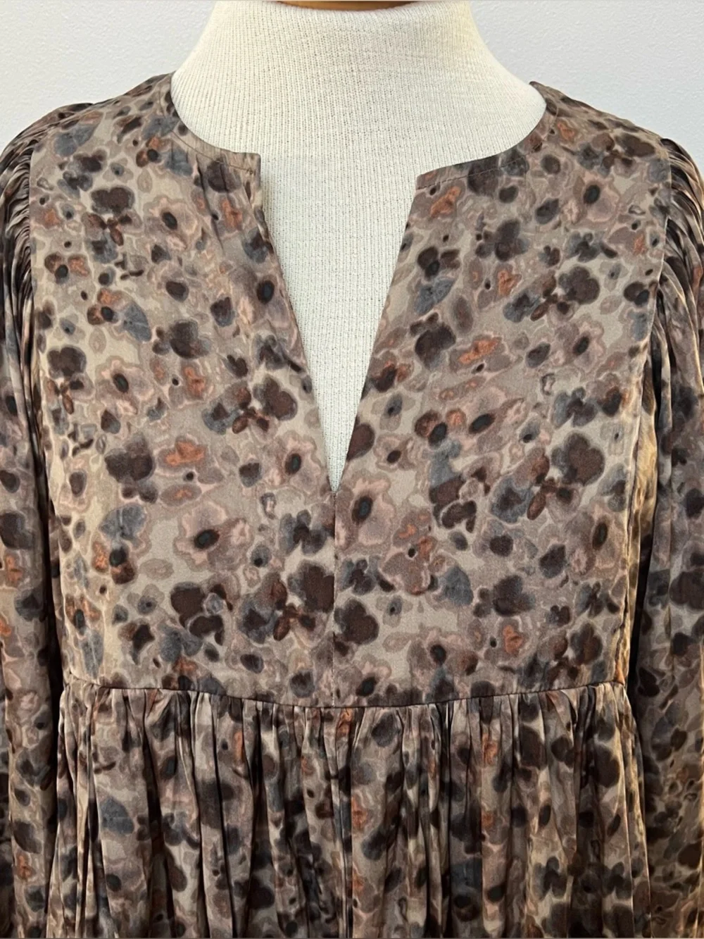 Boho Flowy Babydoll Dress Brown Floral Long Sleeve Mini Peasant Cottagecore - Picture 2 of 6